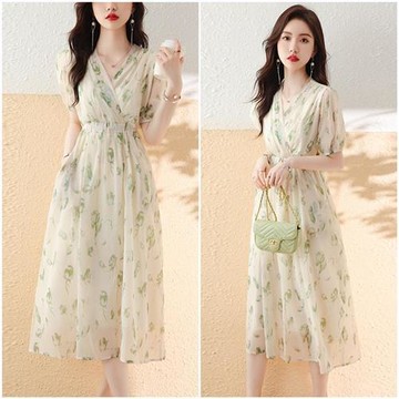 【巴黎精品】現貨+預購 女長洋裝長裙高級短洋裝法式連身裙子蕾絲洋裝A字裙-短袖式桔梗碎花v領收腰a1kc25