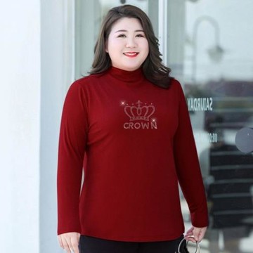 加肥加大德絨鑲鉆胖媽媽260斤半高領打底衫女秋冬百搭修身內搭胖M