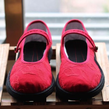 新品純手工千層底布鞋女 透氣防臭 大紅圓頭一字扣淺口民族風女鞋