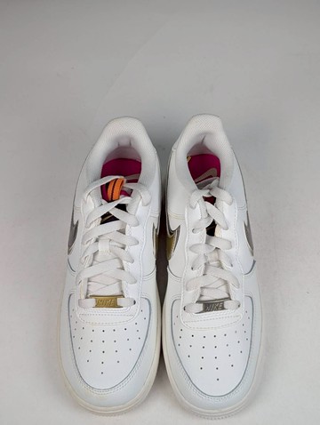 微瑕疵-左右腳鞋面泛黃右腳中底泛黃 DH9595-001 6.5Y Nike Air Force 1 1s Double Up On The Pull Tabs Swooshes 雙層勾勾 米白 金 女款