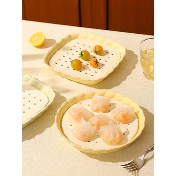 陶瓷細孔蒸盤餃子盤瀝水家用雙層濾油盤子瀝油烤盤烤箱微波爐蒸片