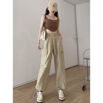 速干工裝褲女夏季薄款2025新款卡其色寬松直筒顯瘦美式抽繩運動褲