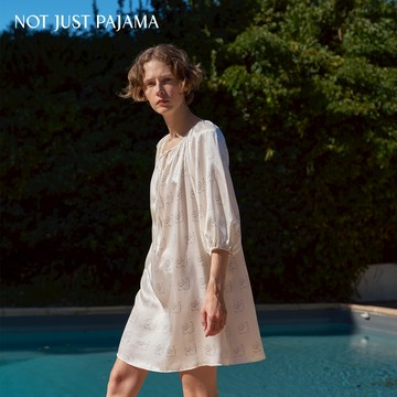 NotJustPajama Kiki系列 珍珠小貓印花真絲睡裙/寬鬆連身裙 - 珍珠小貓印花-S