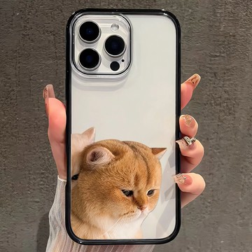 情侶款卡通小貓適用蘋果iPhone17Pro 16 15 14 13 12 11 Pro Max黑邊透明亞克力防摔手機殼