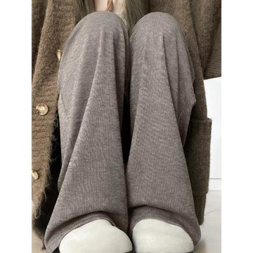 咖色糯米褲女秋2025新款高腰垂感寬松直筒休閑冬季加絨針織闊腿褲