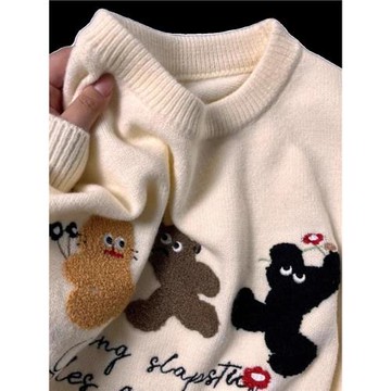 特大碼300斤小熊刺繡針織毛衣男女裝冬季內搭寬松圓領打底衫上衣2
