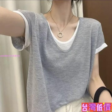 悅裳💎台灣免運💎夏季新款假兩件撞色v領短袖上衣女寬鬆遮肉顯瘦百搭大碼休閒t恤