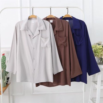 男士棉綢人造棉披領開扣長袖上衣襯衫領純色前開扣上衣睡衣紐扣