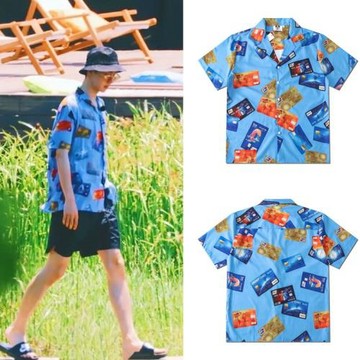 王一博同款短袖襯衫印花男女情侶夏日沖浪店復古寬松oversize襯衣