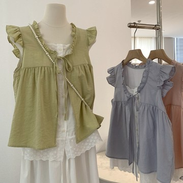 【TreeShop】娃娃兩件式 清爽寬鬆 木耳邊假兩件飛飛袖短袖上衣 拼色 甜美小清新