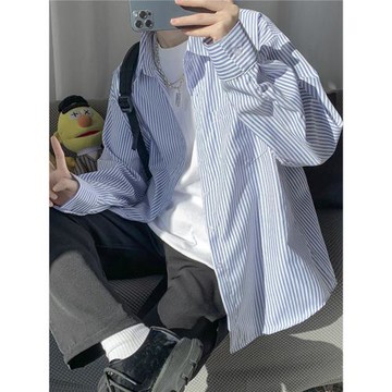 高街豎條紋襯衫男秋季日系少年感長袖襯衣寬松復古青少年休閑外套