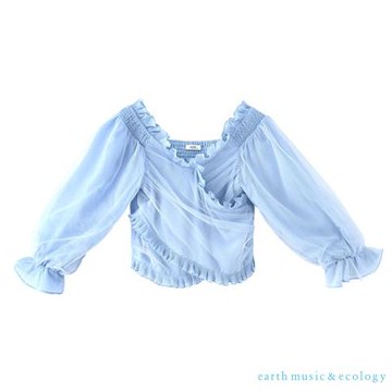 〚earth music〛胸前交叉荷葉邊網紗上衣