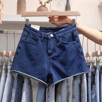 牛仔短褲女高腰 春夏新款歐美寬松大碼復古水洗彈力打底卷邊熱褲