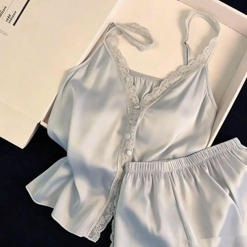Xuan♥ 睡衣女純色蕾絲帶胸墊夏季冰絲緞面純欲風開衫吊帶家居服套裝可外