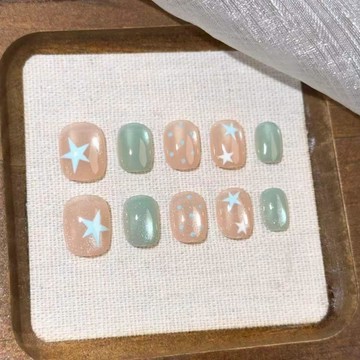 Yuki Nail薄荷短款立體星星玻璃珠氣泡美甲貓眼清透感顯白氛圍感美甲穿戴甲