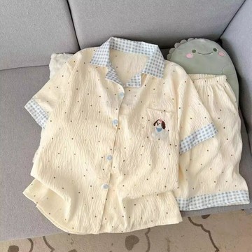 台灣出貨 雲朵棉睡衣女夏季新款卡通黃領波點小狗可愛休閒家居服套裝小香風 短袖睡衣女 家居服套裝 休閒睡衣 睡衣套裝