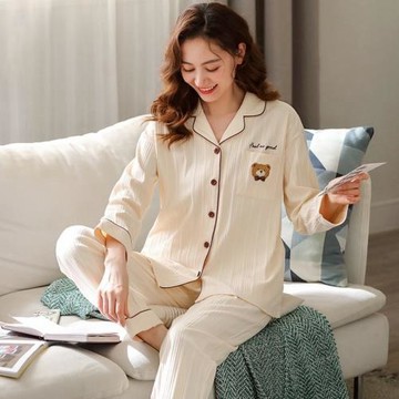 睡衣女春秋長袖2021新款套裝棉質開衫卡通大碼兩件套家居服可外穿
