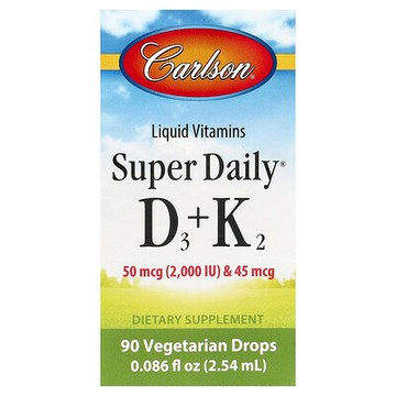 Carlson, Super Daily® D3 + K2，50 微克（2000 國際單位）和 45 微克，0.086 液量盎司（2.54 毫升）