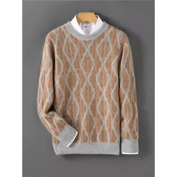 24冬季撞色圓領加厚羊毛衫男寬松商務休閑提花毛衣羊絨針織打底衫