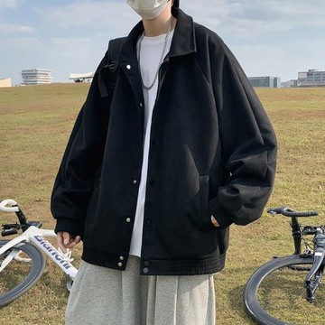 秋冬季外套男美式復古潮牌寬松痞帥輕熟休閑簡約保暖純色情侶夾克