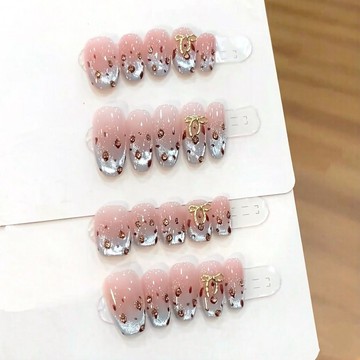 🌸台灣出貨🌸冰藍豹紋 夏日清涼豹紋貓眼金絲蝴蝶結可愛氣質顯白純手工穿戴甲
