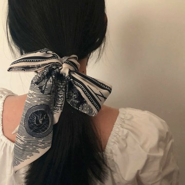 小香風ins法式時髦簡約百搭款花草絲巾窄細長條復古氣質綁發飄帶