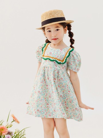 純棉小碎花蕾絲滾邊領公主袖洋裝