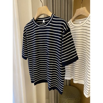 【米婭~輕奢 1-5天出貨】正韓代購 怒推！！！基礎款也JUE不將就~夏日鬆弛感條紋寬鬆圓領短袖針織衫