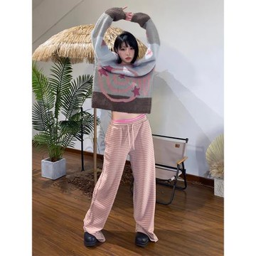 粉色褲子女條紋休閑褲春季美式復古高腰直筒闊腿衛褲垂感拖地長褲
