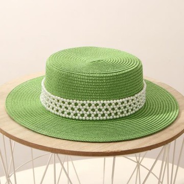 小清新草綠色寬檐平頂禮帽女春夏天法式復古珍珠太陽沙灘遮陽草帽