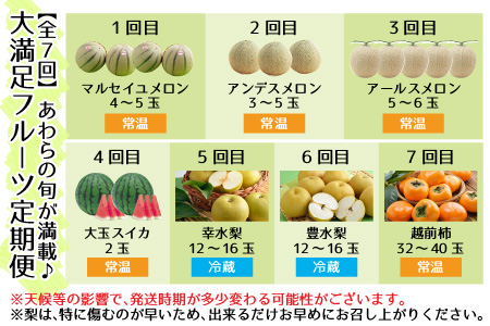 《全7回》あわら大満足 7種 フルーツ定期便 《あわらの旬が満載！》／ 果物 旬 食べ比べ 贈り物 定期便 マルセイユ アンデス アールス 大玉スイカ 梨 柿 ※2024年6月中旬以降順次発送