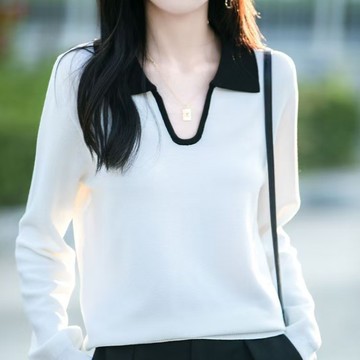 衣時尚 針織上衣 毛衣 針織衫 保暖衫 條紋衫 新款polo領女長袖針織薄款t恤上衣外穿翻領毛衣小衫S01-F7041.