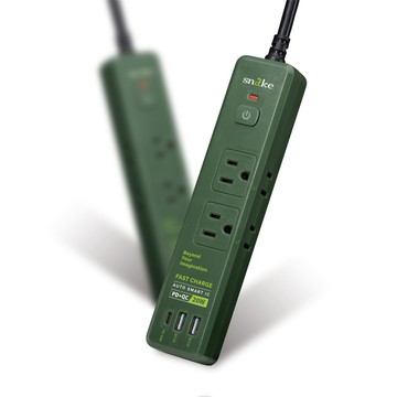 蛇吞象 【Snake 】1開6插 PD快充 防雷擊安全電源延長線 1.2米 軍綠色Type-C+ USB-A/PD+QC/15A 1650W