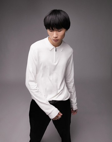Topman essentials knitted zip polo in ecru-White