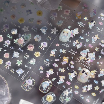 人魚 貓貓 美甲素材 貝殼光款 美甲貼紙 小清新 可愛 兒童 指甲貼 DIY假指甲