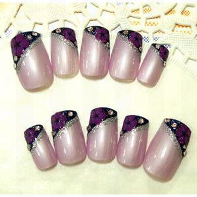ジェルコーティング付き オーダー ネイルチップ パープル 斜めフレンチ おしばな フラワー Ks 通販 Lineポイント最大1 0 Get Lineショッピング