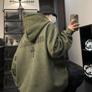 限時優惠 休閒潮流寬鬆連帽衛衣 秋冬季重磅麂皮連帽衛衣男美式ins潮牌寬鬆百搭上衣復古情侶外套