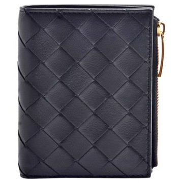 BOTTEGA VENETA 經典編織小羊皮暗釦直立式中夾(6卡-黑色)