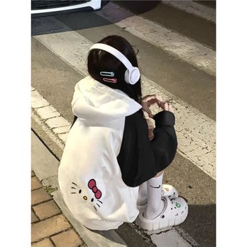 kt貓衛衣女黑白插肩2025新款春秋冬季連帽薄款拼接可愛小個子上衣