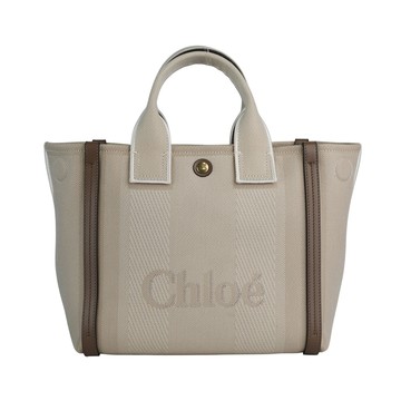 CHLOE' Carry 刺繡標誌帆布小款手提/斜背二用托特包/米色