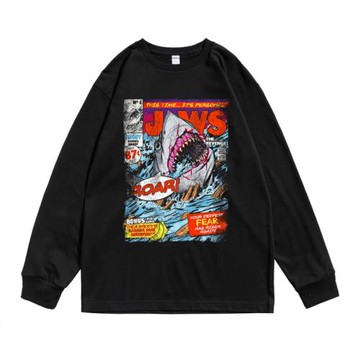 歐美經典懷舊電影大白鯊大報復海報設計個性印花T恤長袖寬松純棉