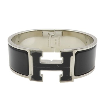 【二手名牌BRAND OFF】HERMES 愛馬仕 黑色琺瑯 銀色鍍金 Clic Clac H 手環