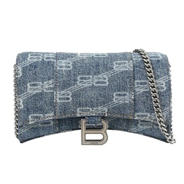 BALENCIAGA 巴黎世家 656050 Hourglass 緹花布翻蓋斜背鍊包.藍