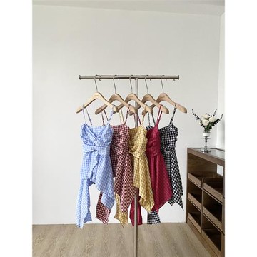 荷葉邊不規則撞色格子吊帶背心女夏季2025度假風褶皺扭結抹胸上衣