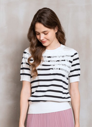 舒甜雅緻蕾絲飾條紋針織衫