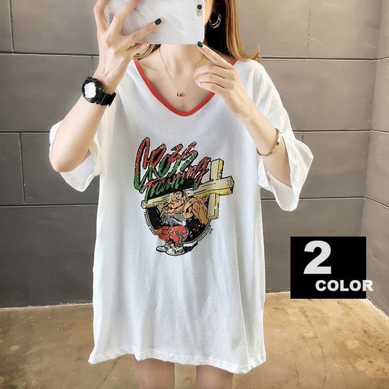 チュニック カットソー ｔシャツ レディース トップス 半袖 背中開き バックオープン Vネック プリント イラスト カジュアル おしゃれ 背中見せ 通販 Lineポイント最大get Lineショッピング