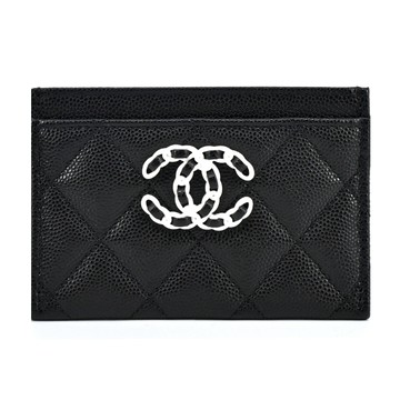 CHANEL 新款經典LOGO菱格紋小羊皮卡片夾(黑色)