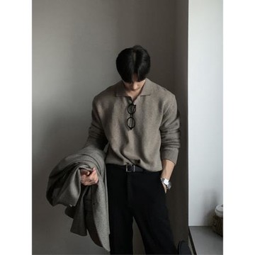 潮流新款東大門韓國男裝翻領毛衣男設計師polo領親膚寬松針織衫