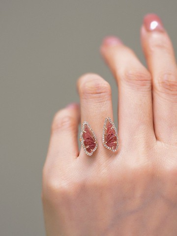 立知原創設計天然粉碧璽蝴蝶開口戒指圍鑲真鑽石18K金輕奢高級感