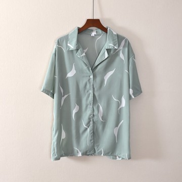夏款女裝直筒寬松短袖翻領印花襯衫單排扣上衣服潮